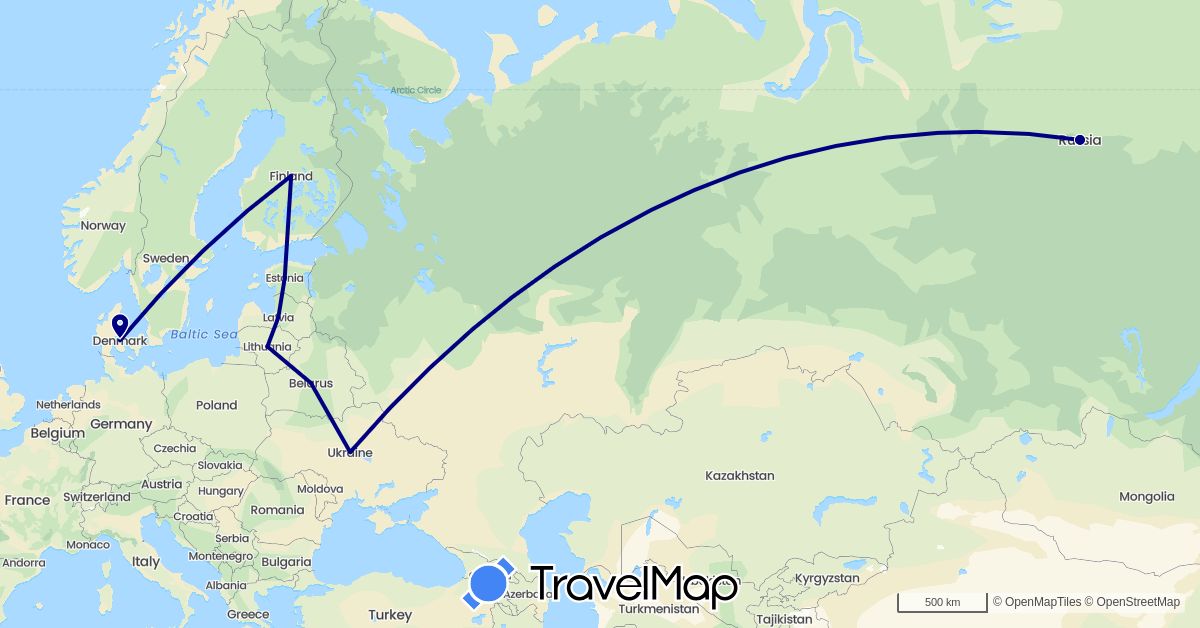 TravelMap itinerary: driving in Belarus, Denmark, Estonia, Finland, Lithuania, Latvia, Russia, Ukraine (Europe)
